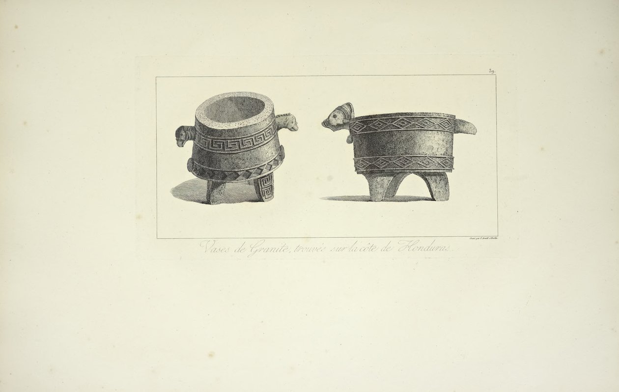 Vaser i granit, hittade på Honduras kust, illustration från "Views of the Cordilleras and Monuments of the Indigenous Peoples of America" ​​av Alexander von Humboldt och Aime Bonpland, 1813 av F. Arnold