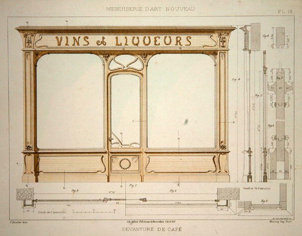 Design för en vinhandlares butiksfront, illustration från 