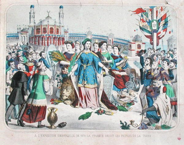 Frankrike tar emot världens folk vid världsutställningen 1878 (färg litho) av F. C. Wentzel