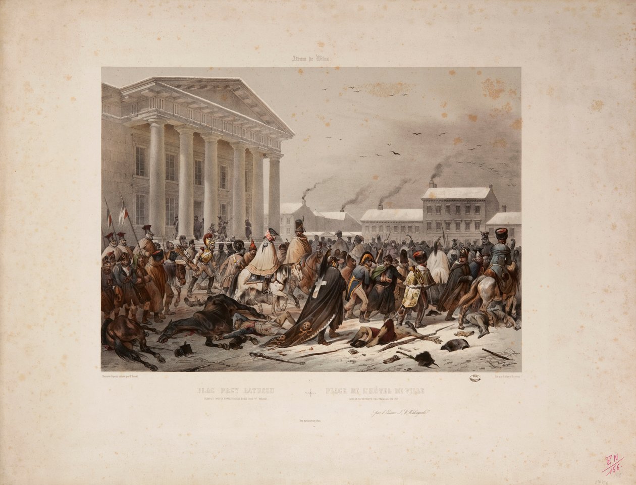 Den retirerande franska armén på Rådhustorget i Vilna, graverad av Victor Adam (1801-66) och Louis Pierre Alphonse Bichebois (1801-50) 1812 av F. Daniel