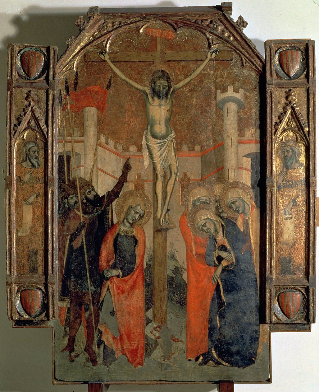 Korsfästelsen, övre delen av centralpanelen på Almudainas stora altartavla, färdigställd 1358 (tempera på panel) av F. Bassa and R. Destorrents