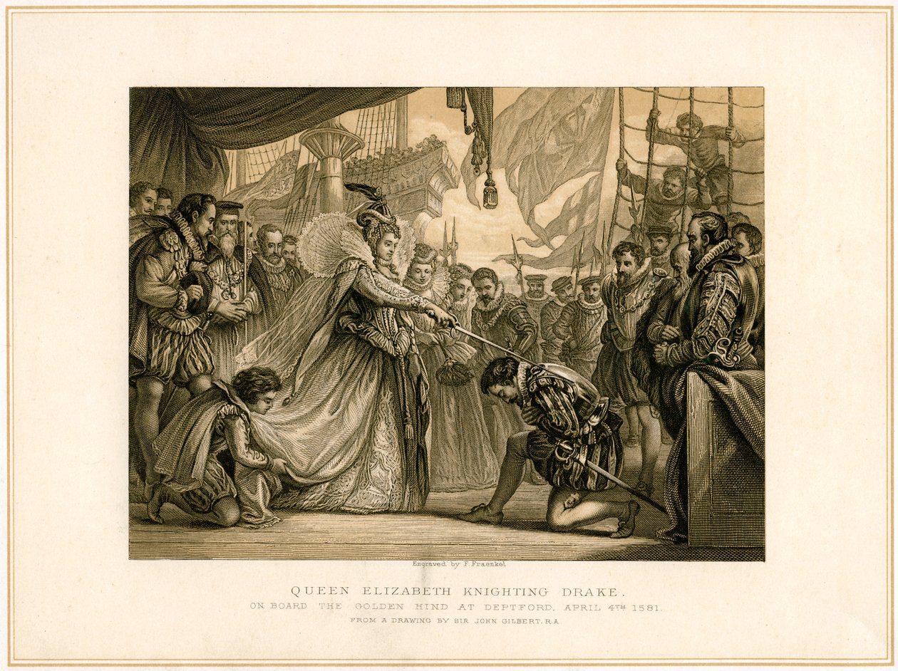 "Drottning Elizabeth Knighting Drake ombord på Golden Hind..., 4 april 1581", 1800-talet av F Fraenkel