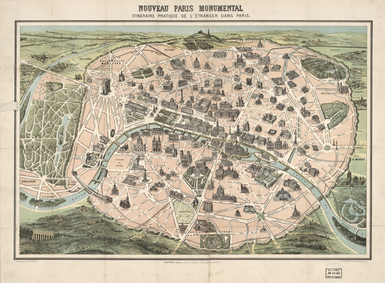 Utvalda byggnader visas med bild. Fågelperspektiv. LC-kopia monterad på tyg. Tillgänglig även via Library of Congresss webbplats som en rasterbild av F.; Garnier Frères; Dufrénoy Dufour