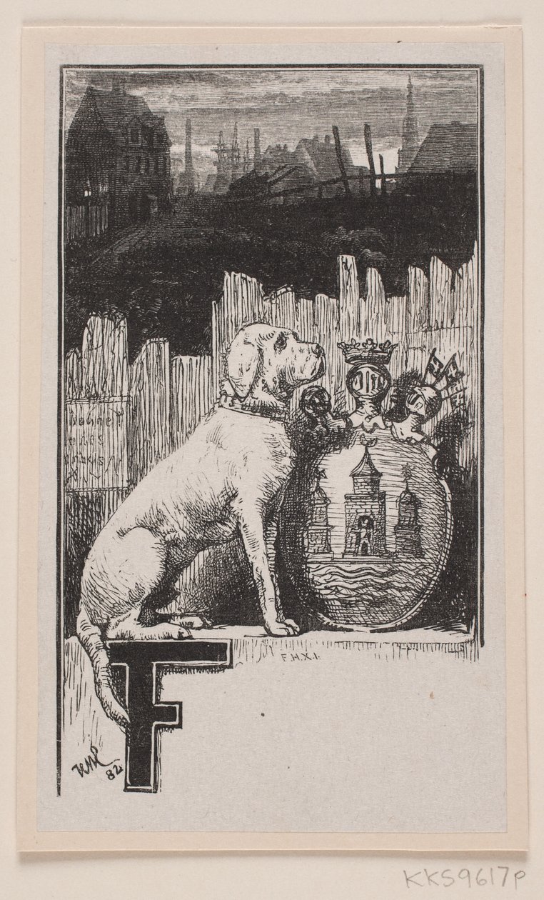 Initial vinjett."F" med en hund och Köpenhamns vapen av F. Hendriksen
