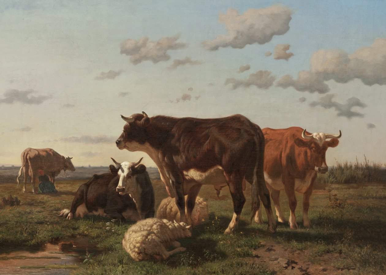 Nötkreatur och får i ett landskap, 1850 av F. Jurnet