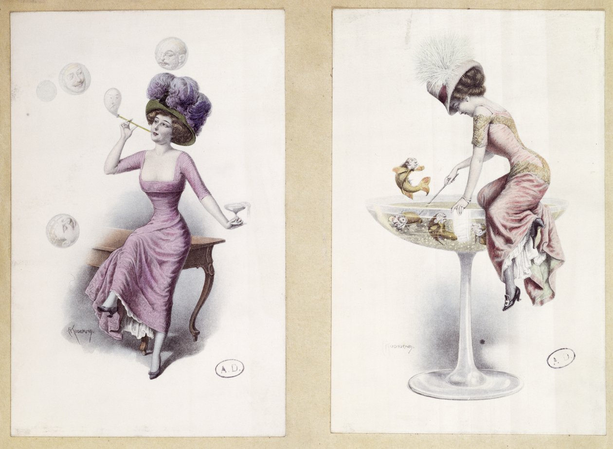 Vykort som visar en kvinna som blåser bubblor och fiskar i ett champagneglas, ca 1900 (litho i färg) av F. Kuderna