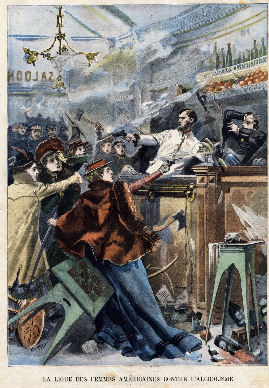 Amerikanska kvinnoförbundet mot alkoholism. På en saloon i USA skjuter kvinnor med pistoler mot bartenders av F. L & Carrey (fl.1900) Meaulle