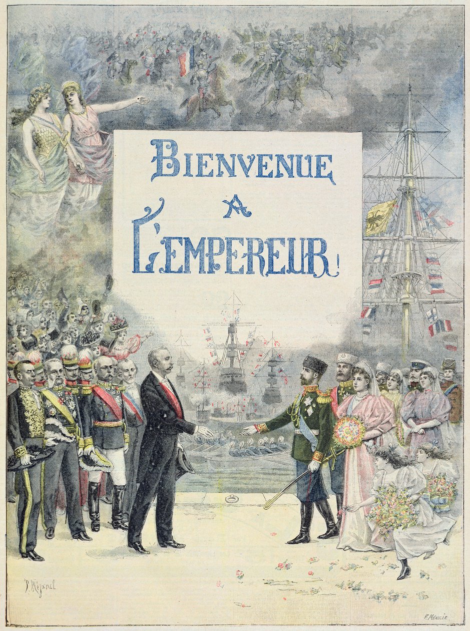 Välkommen till kejsaren och kejsarinnan av Ryssland, illustration från den illustrerade bilagan till Le Petit Journal, 4 oktober 1896 (lito i färg) av F. L. and L. Royer Meaulle