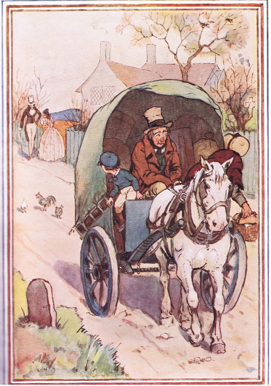 När de flyttade bort sprang hans mor ut genom porten, illustration från David Copperfield, 1914 av F. M. B. Blaikie