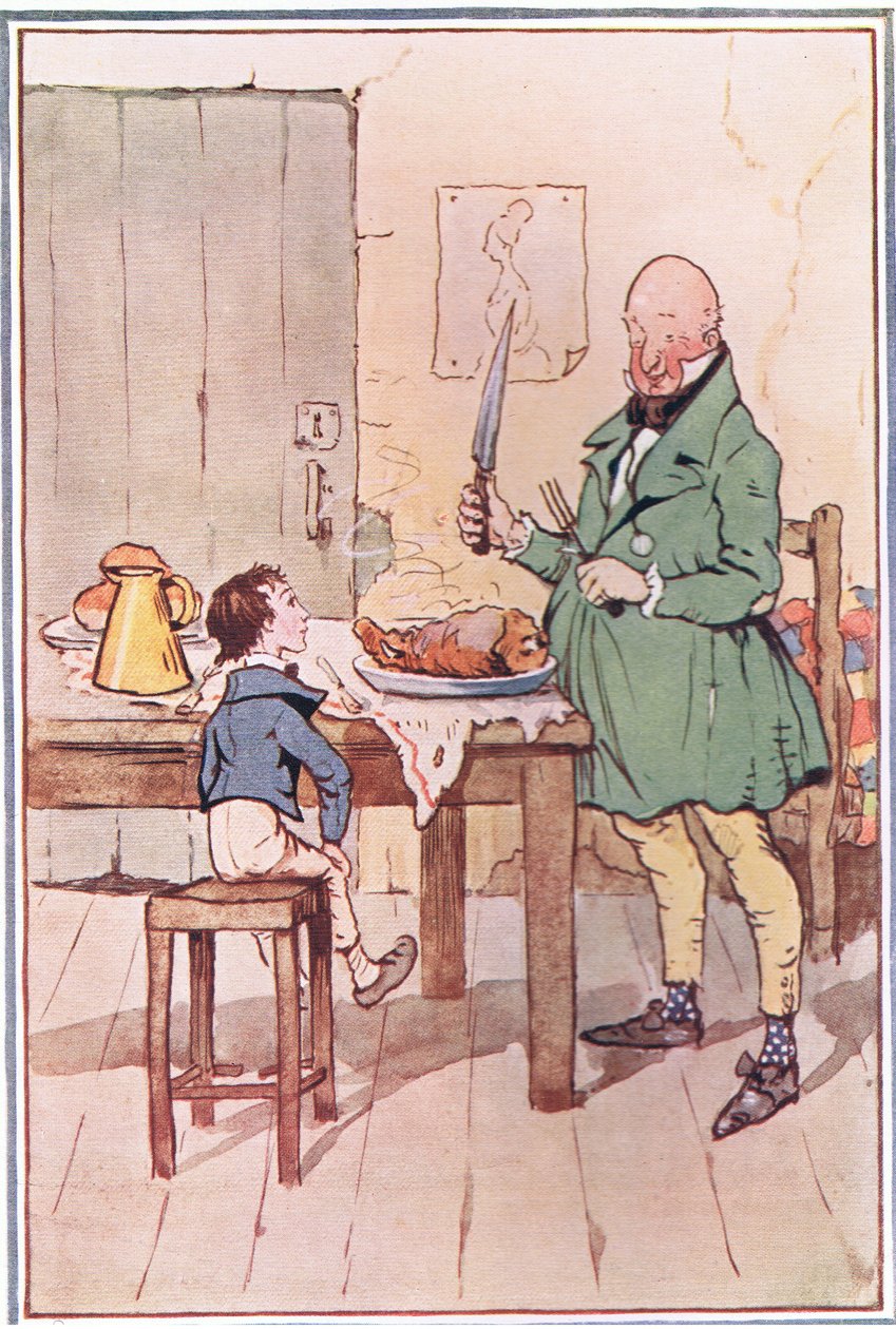 David åt middag med Mr MiCawber i fängelset, illustration från David Copperfield, 1914 av F. M. B. Blaikie