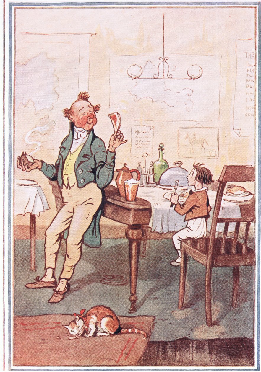 Han tog en kotlett vid benet i ena handen och en potatis i den andra, illustration från David Copperfield, 1914 av F. M. B. Blaikie