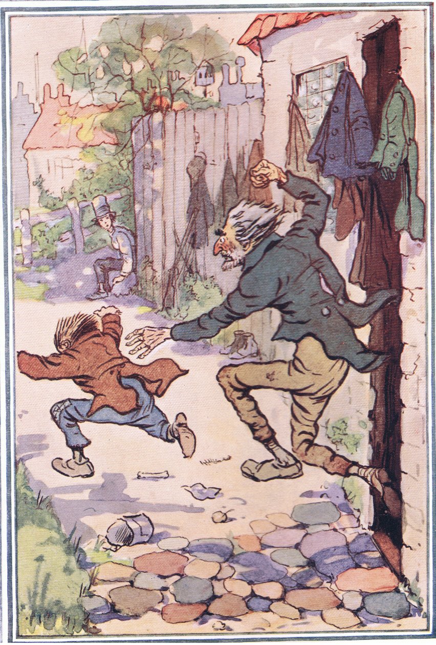Hed rusar ut ur butiken efter dem och skickar dem flygande, illustration från David Copperfield, 1914 av F. M. B. Blaikie