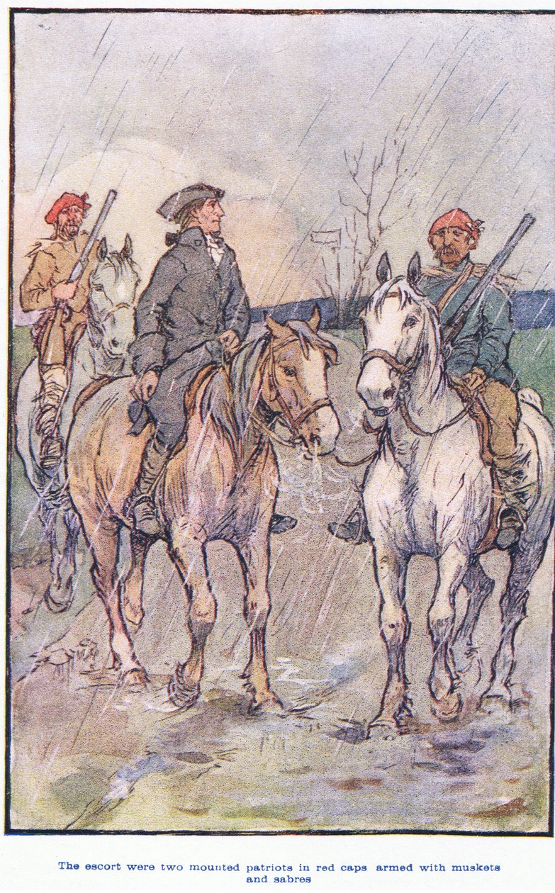 Eskorten var beridna patrioter i röda kepsar, beväpnade med musköter och sablar av F. M. B. Blaikie