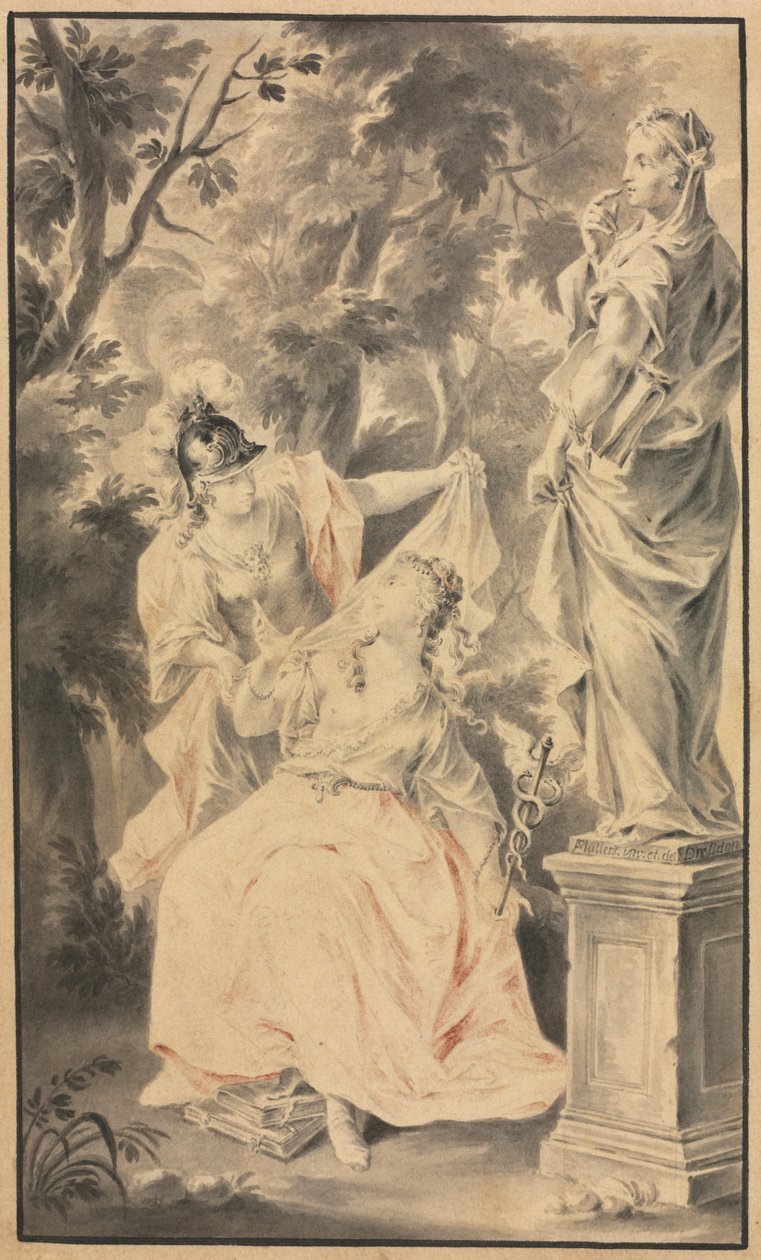 Allegorisk scen: Par före en staty, 1700-talet. av F. Muller