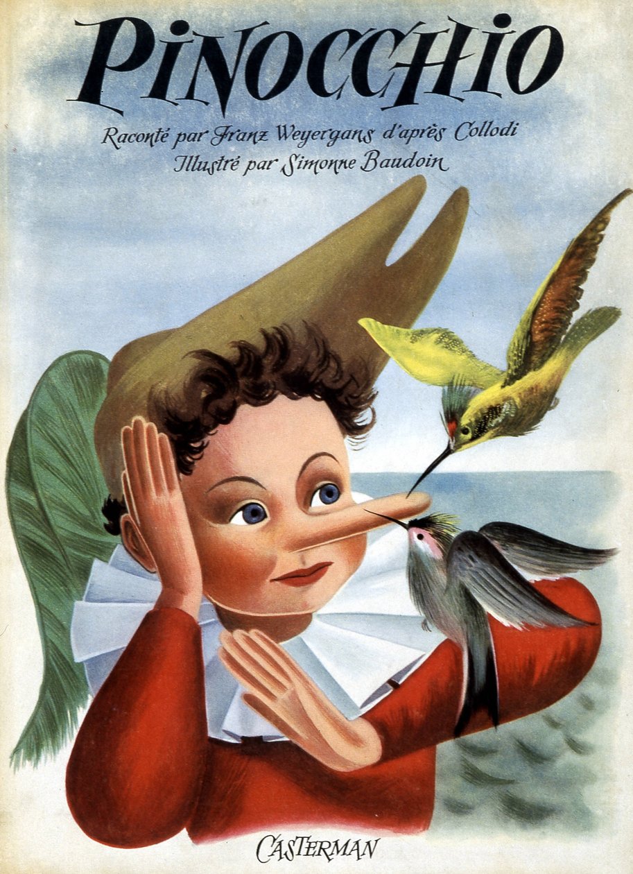 Omslaget till boken "" Pinocchio"", illustrerad av Simonne Baudoin, red. CastermanUppmärksamhet: RÄTTIGHETSFÖRESBEHÅLLNINGAR av F. Rothier