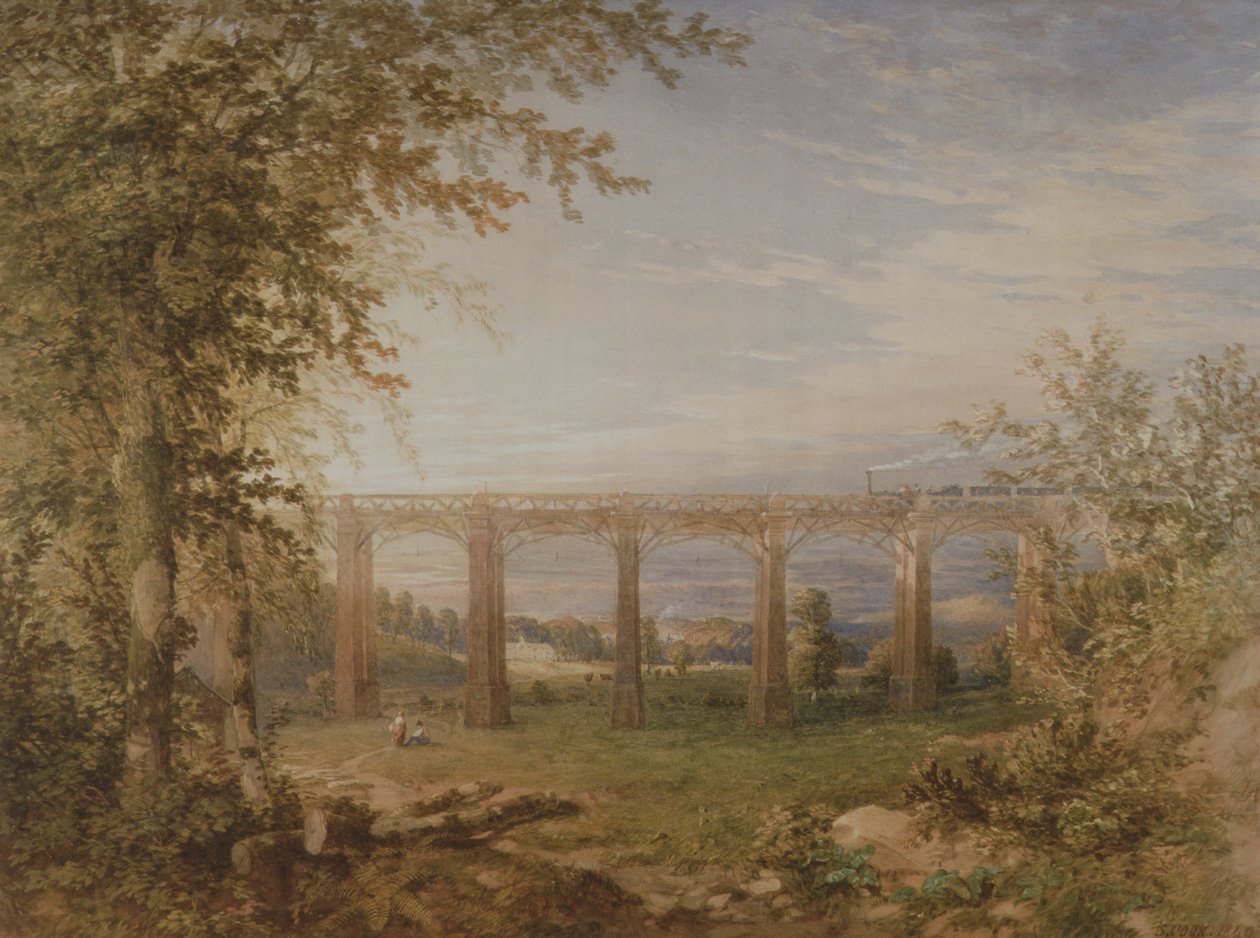 En tegel- och timmerjärnvägsviadukt med ångtåg, 1849 (wc på papper) (par till 3247622) av F. S. Cook