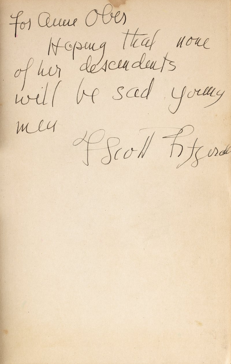 Författarens inskription på framsidan av en första upplaga av "All the Sad Young Men" av F. Scott Fitzgerald