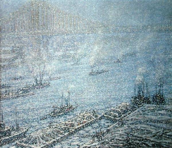 East River, New York, Winter (olja på duk) av F. Usher de Voll