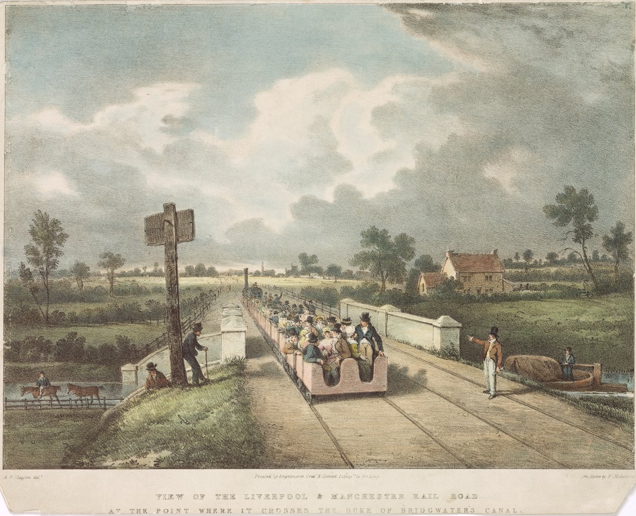 Utsikt över Liverpool & Manchester Rail Road vid punkten där den korsar Duke of Bridgewaters Canal, graverad av A.B. Clayton, 1831 av F. after Nicholson