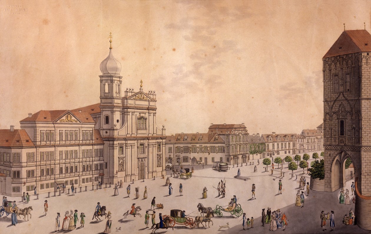 Hybern-torget i Prag (färgad etsning och kopparstick) av F. and Heger, P. Heger