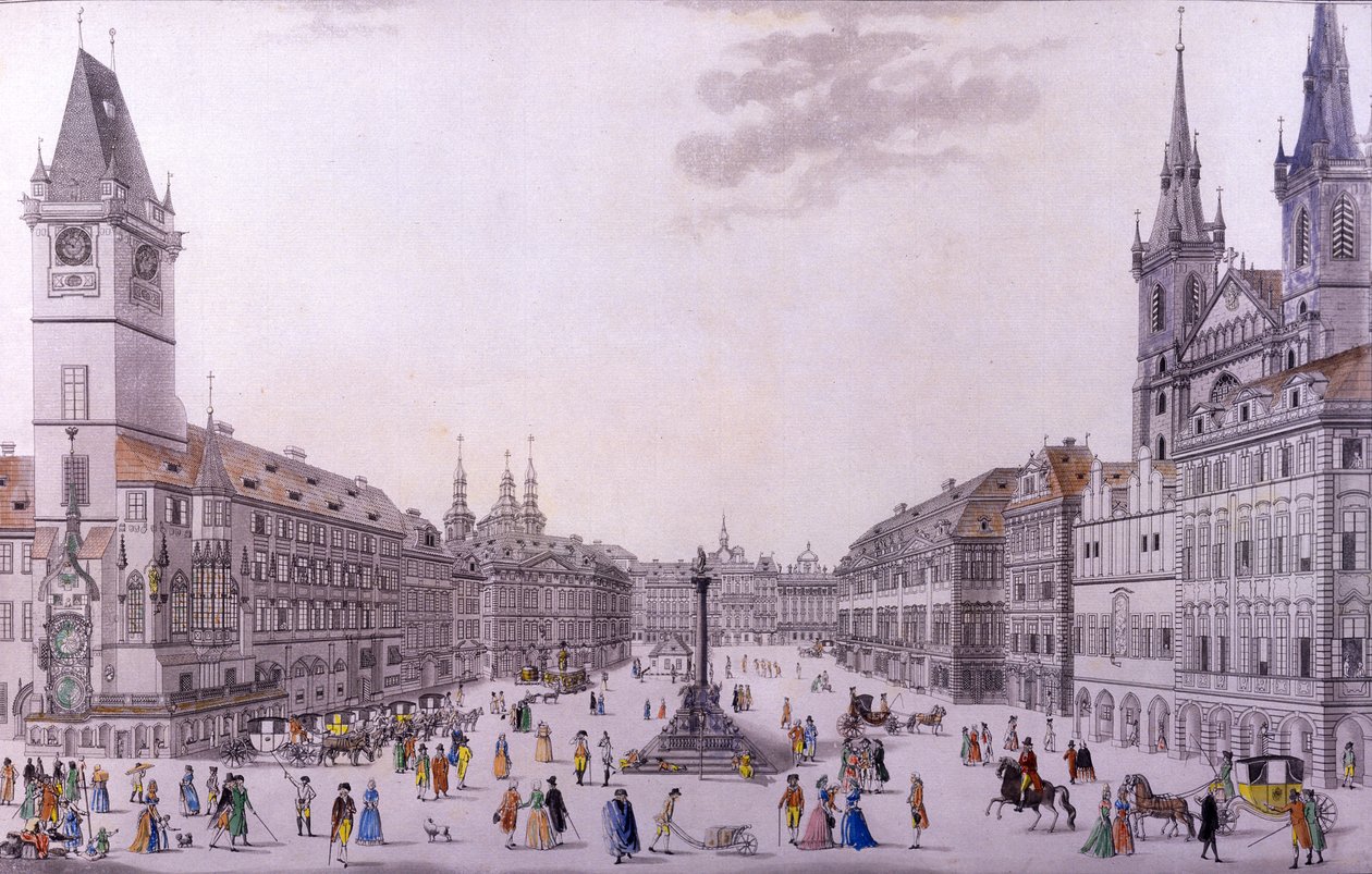 Gamla torget i Prag (färgad etsning och koppargravyr) av F. and Heger, P. Heger