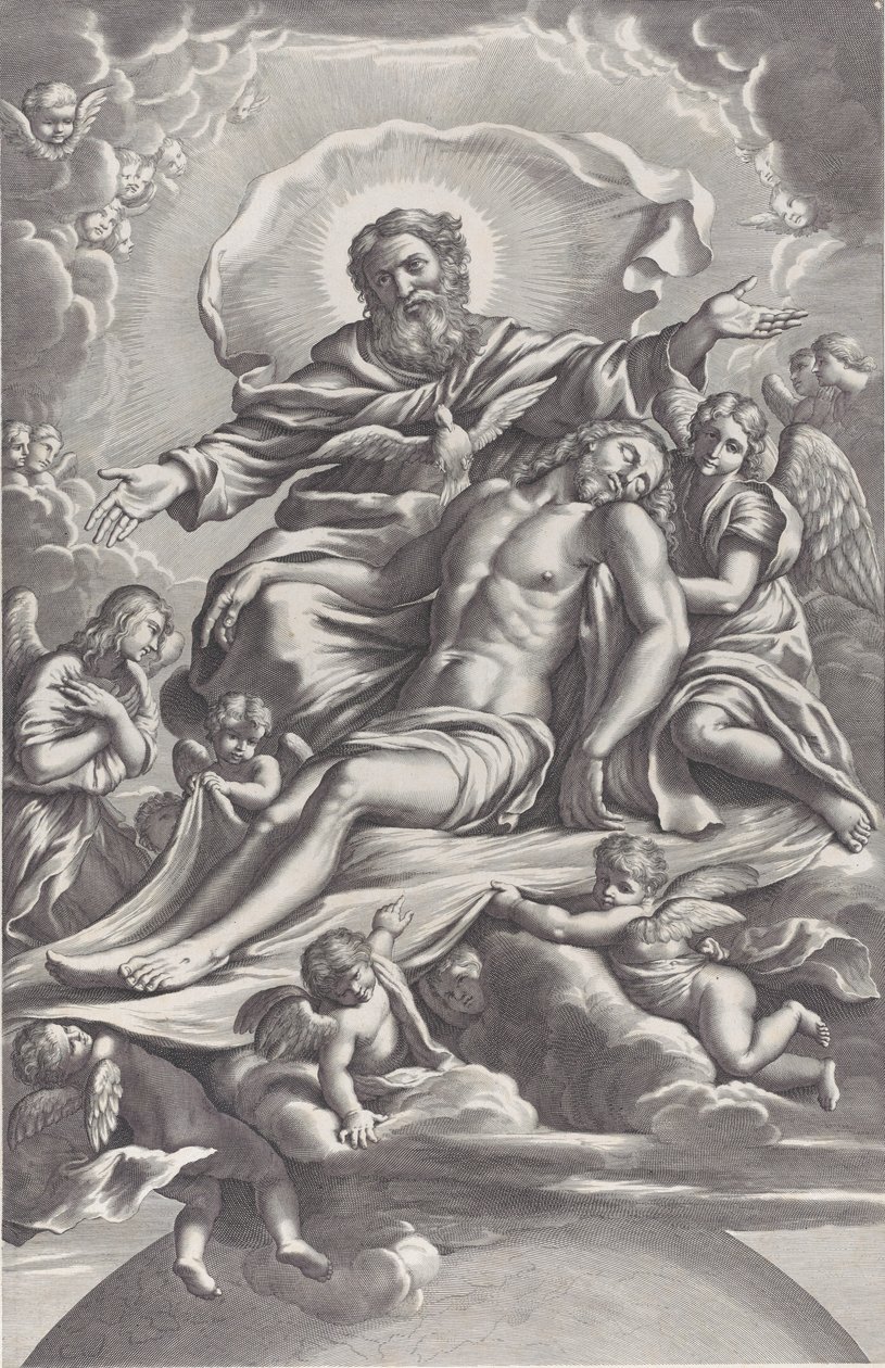 Den heliga treenigheten, med den döde Kristus i centrum omgiven av änglar, Gud Fadern, ..., 1650-90. av F. de Louvement