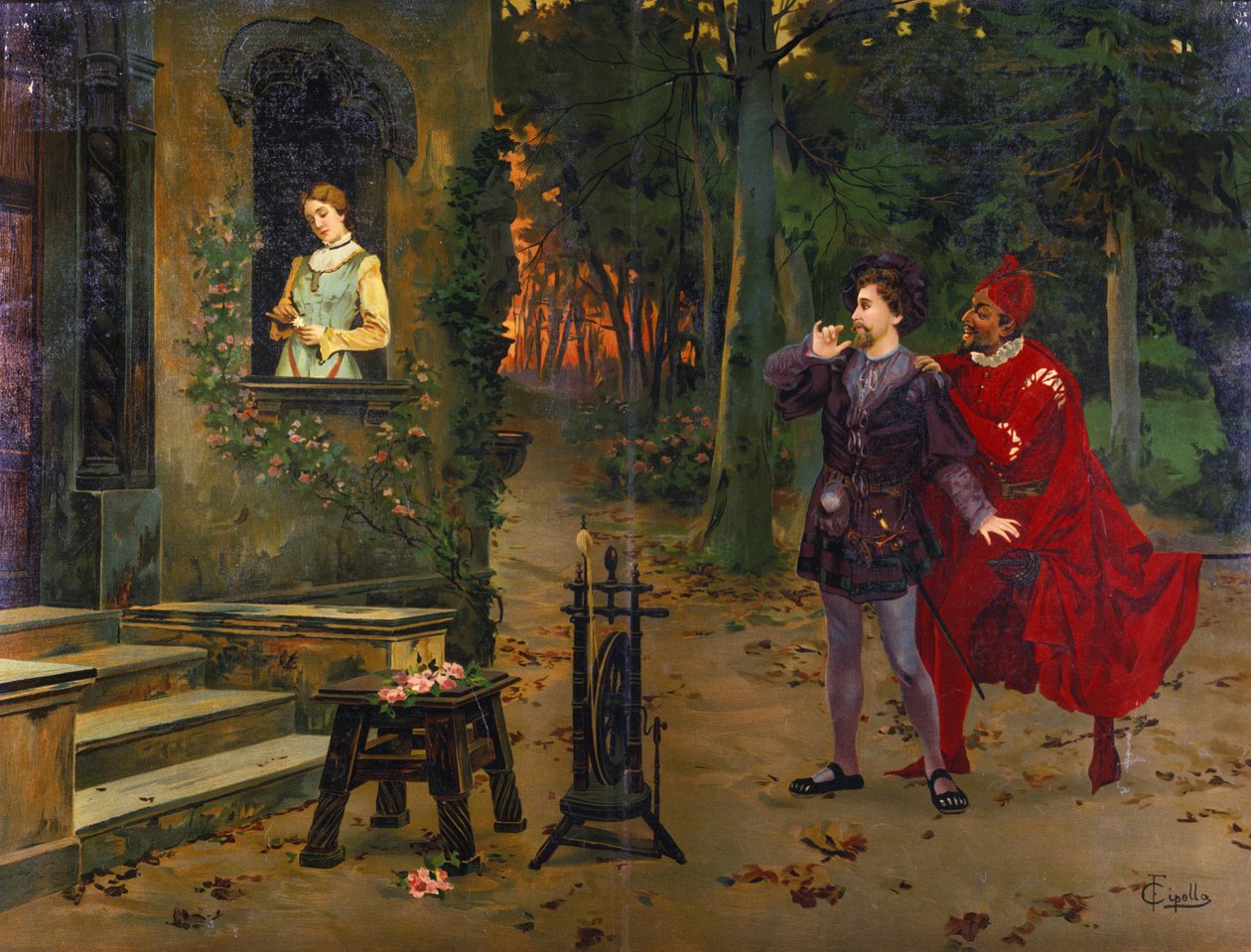 Mötet med Marguerite. Mefisto (Mefistofeles). Illustration av "" Faust"", Opera av Charles Gounod (1818 - 1893). kromolitografi av F. Cipolla. av Fabio Cipolla