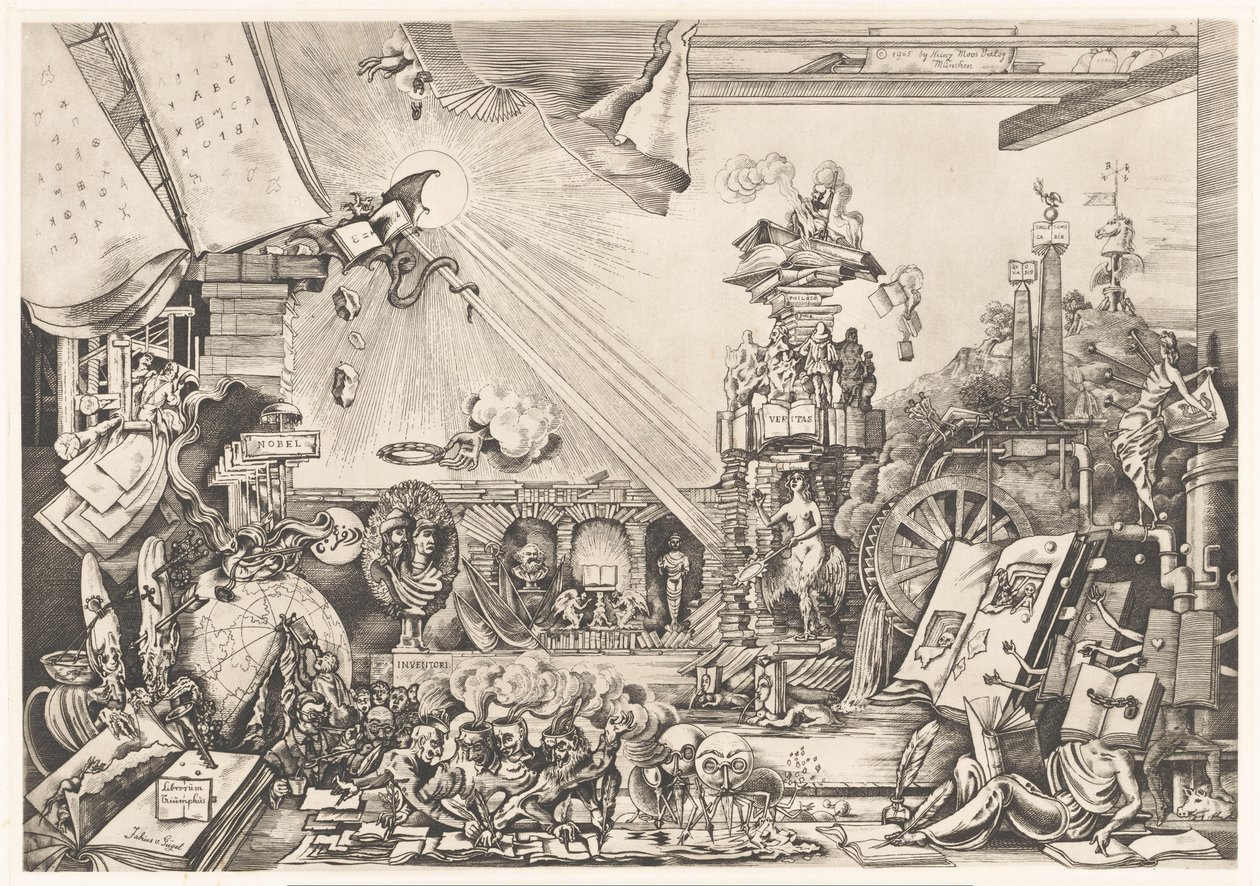 Surrealistisk prestation Librorum Triumphus (titel på objekt) av Fabius von Gugel (signed by artist)