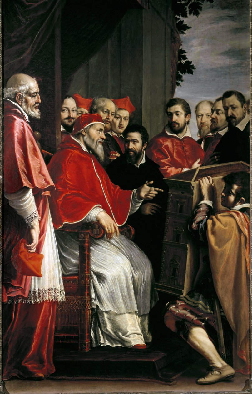 Michelangelo presenterar en modell av byggnaden av Rota-domstolen på Giulia-gatan för påven Julius III av Fabrizio Boschi