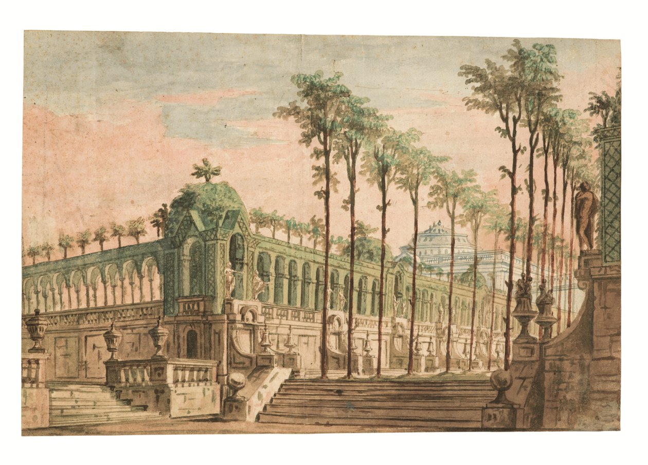 En scenografi av en palatsträdgård (penna och brunt bläck, akvarell) av Fabrizio Galliari