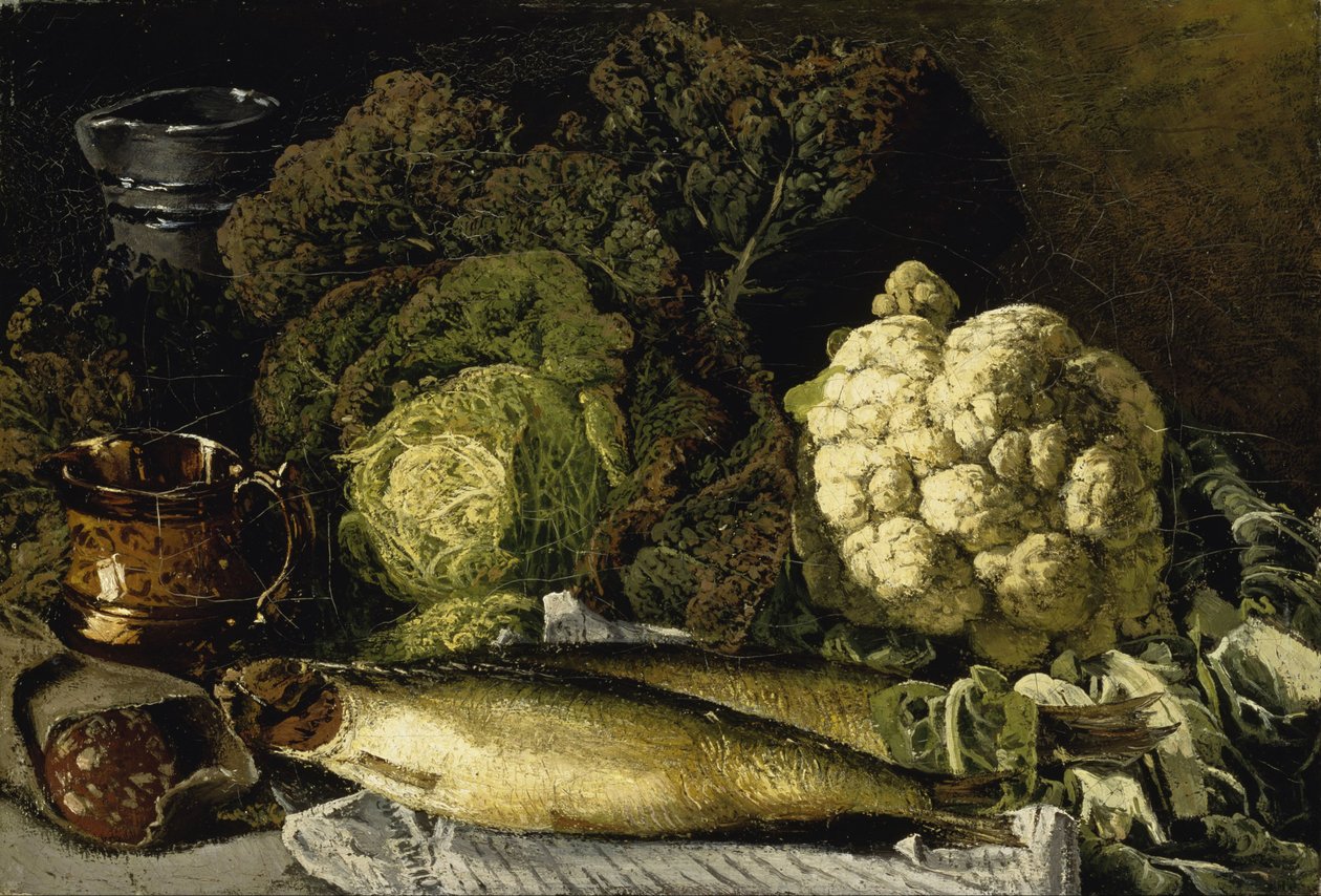 Stilleben med grönsaker och fisk av Fanny Churberg