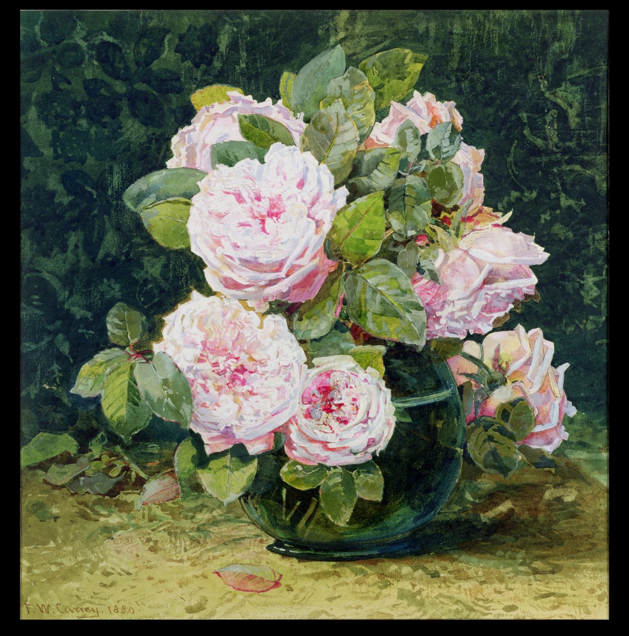 Rosor i en grön skål, 1880 (wc på papper) av Fanny W. Currey