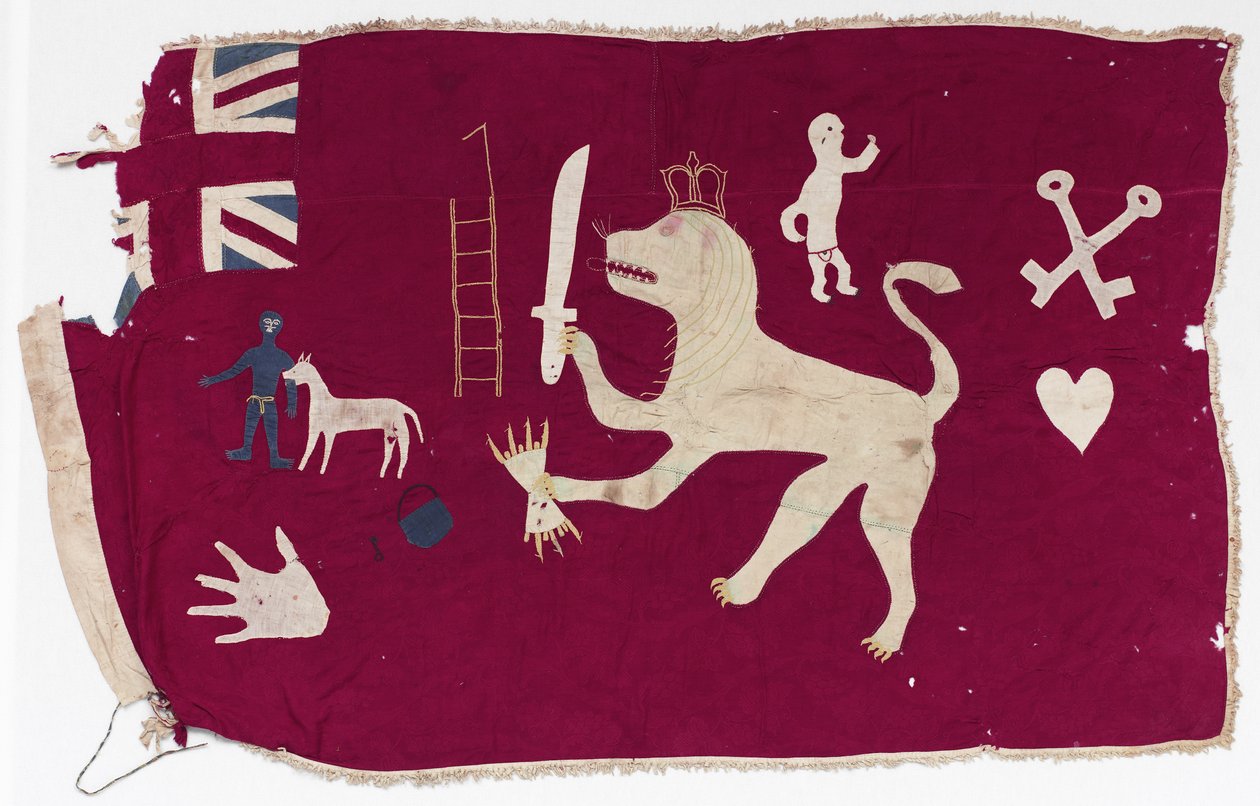 Asafo flag (silkebrokade og bomuldsstof) sved av Fante people