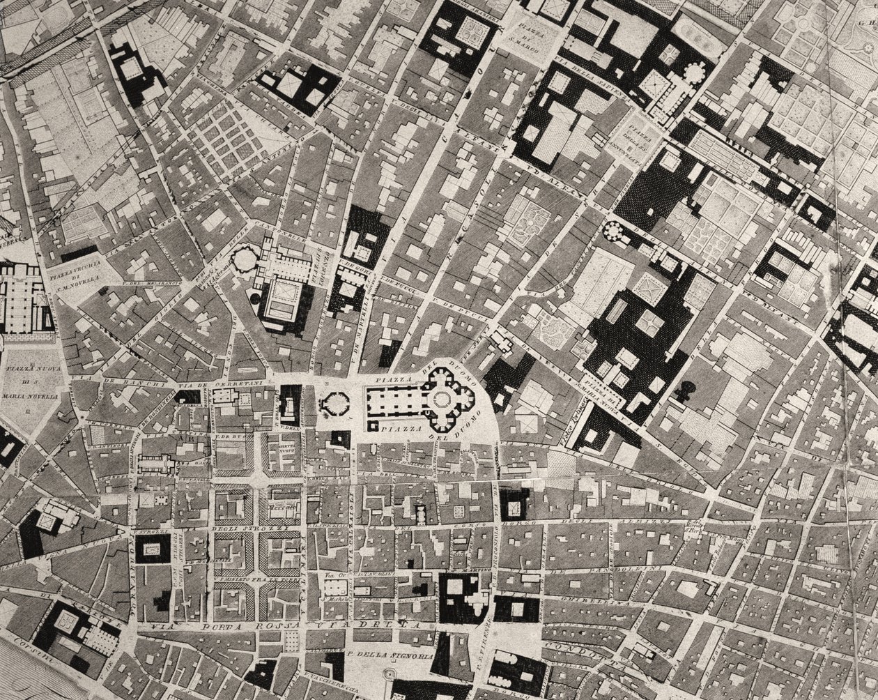 Karta över Florens, detalj, 1843 och 1866 gravyrdetalj av 100310 av Fantozzi