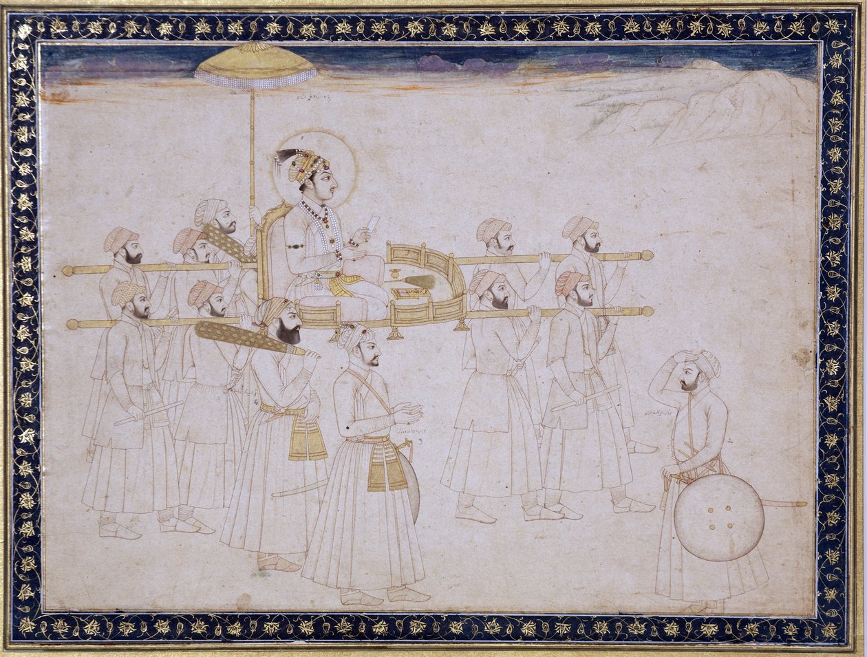 Muhammad Shah bar i en palankin, ca 1735 (ogenomskinlig wc och guld på papper) av Faqir ullah