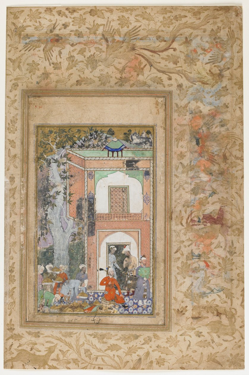 Babur underhåller i Sultan Ibrahim Lodis Palace, fristående folio från en spridd kopia av Baburnama (Tuzuk-i Baburi) av Zahir-al-Din Muhammad Babur, ca 1585 (wc, bläck och guld på papper) av Farrukh Beg