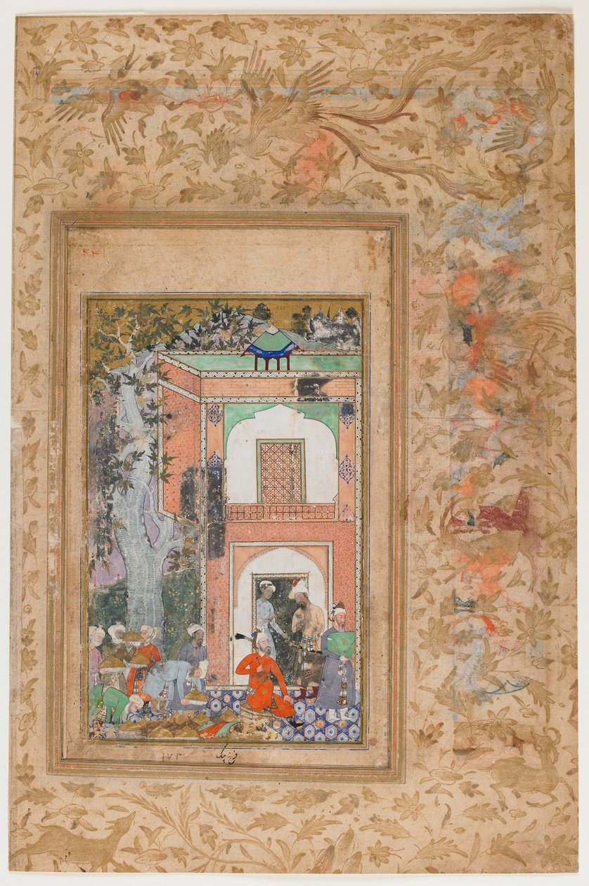 <em> Babur underhåller i Sultan Ibrahim Lodis palats </em> från en <em>Baburnama</em> av Farrukh Beg