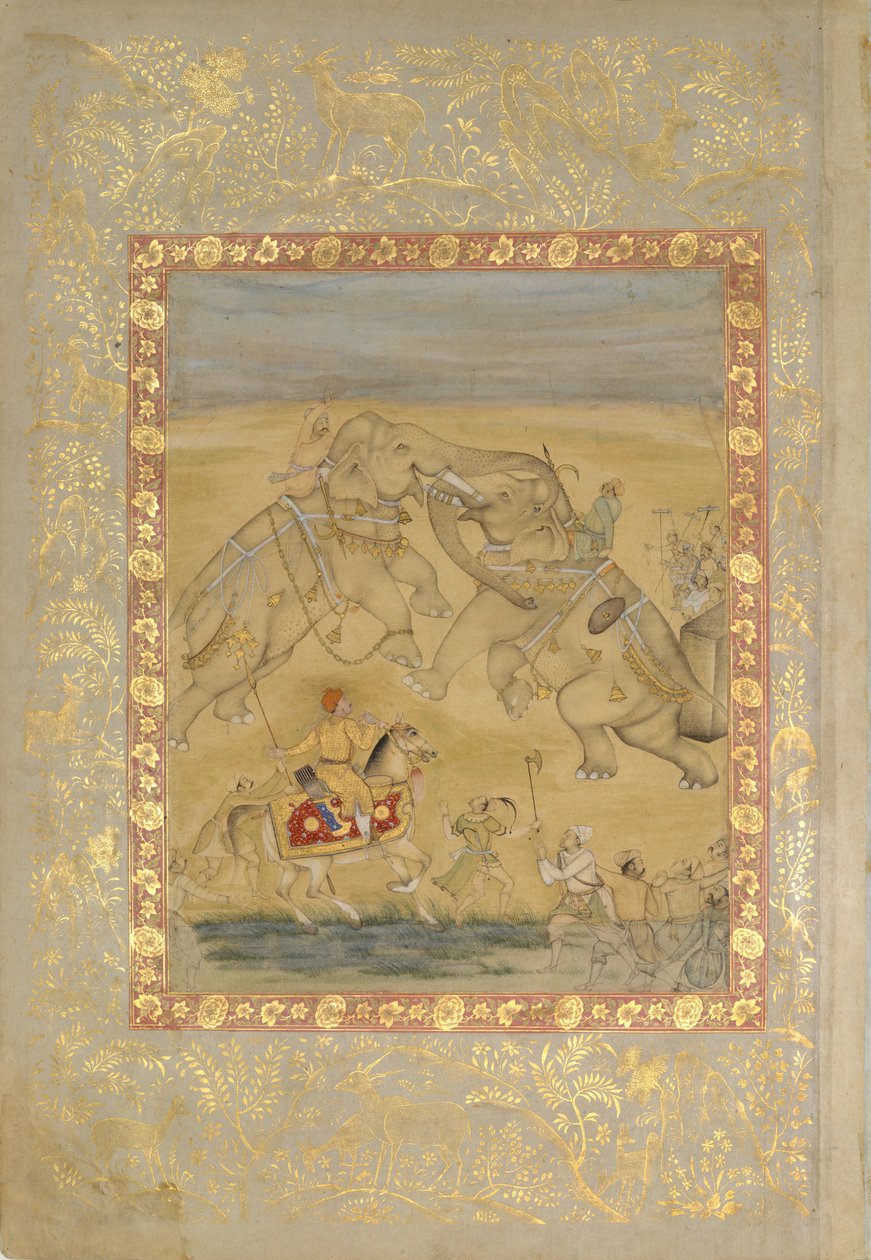 Jahangir tittar på en elefantkamp, ca. 1605. av Farrukh Chela