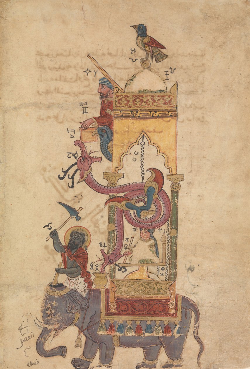 Elefantklockan, folio från en bok om kunskapen om genialisk mekanisk..., A.H. 715A.D.1315 av Farrukh ibn Abd al Latif