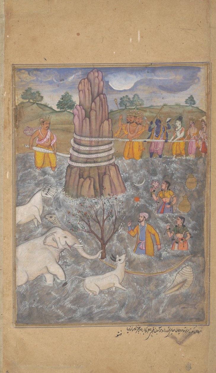 The Gods and Asuras Churn the Ocean of Milk, sida från en dispersed Razmnama, c.1598-99 av Fattu