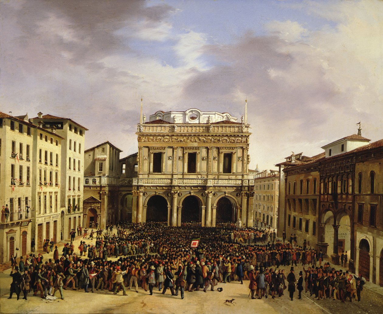Folket i Brescia samlades på Piazza della Loggia den 23 mars 1849 av Faustino Joli