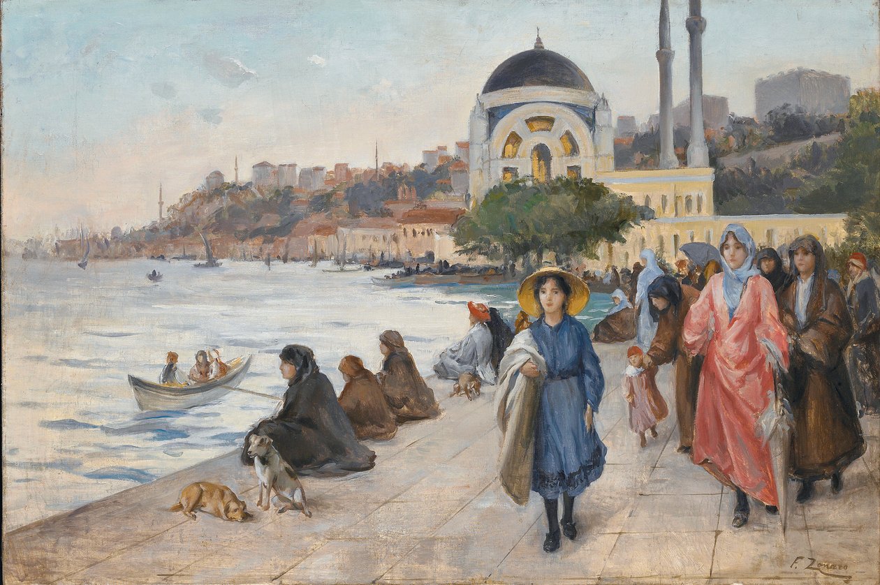 Mafalda på stranden av Bosporen, Dolmabahce-moskén i bakgrunden (olja på duk) av Fausto Zonaro