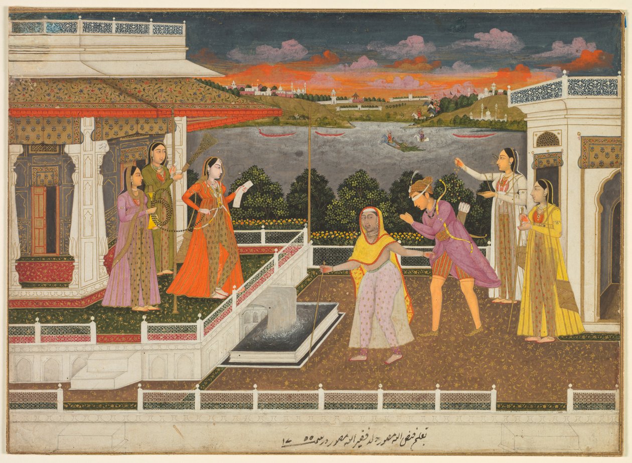 En friare med ögonbindel ställs inför en prinsessa, verso: rullande blomrankor, 1755. av Fayzullah