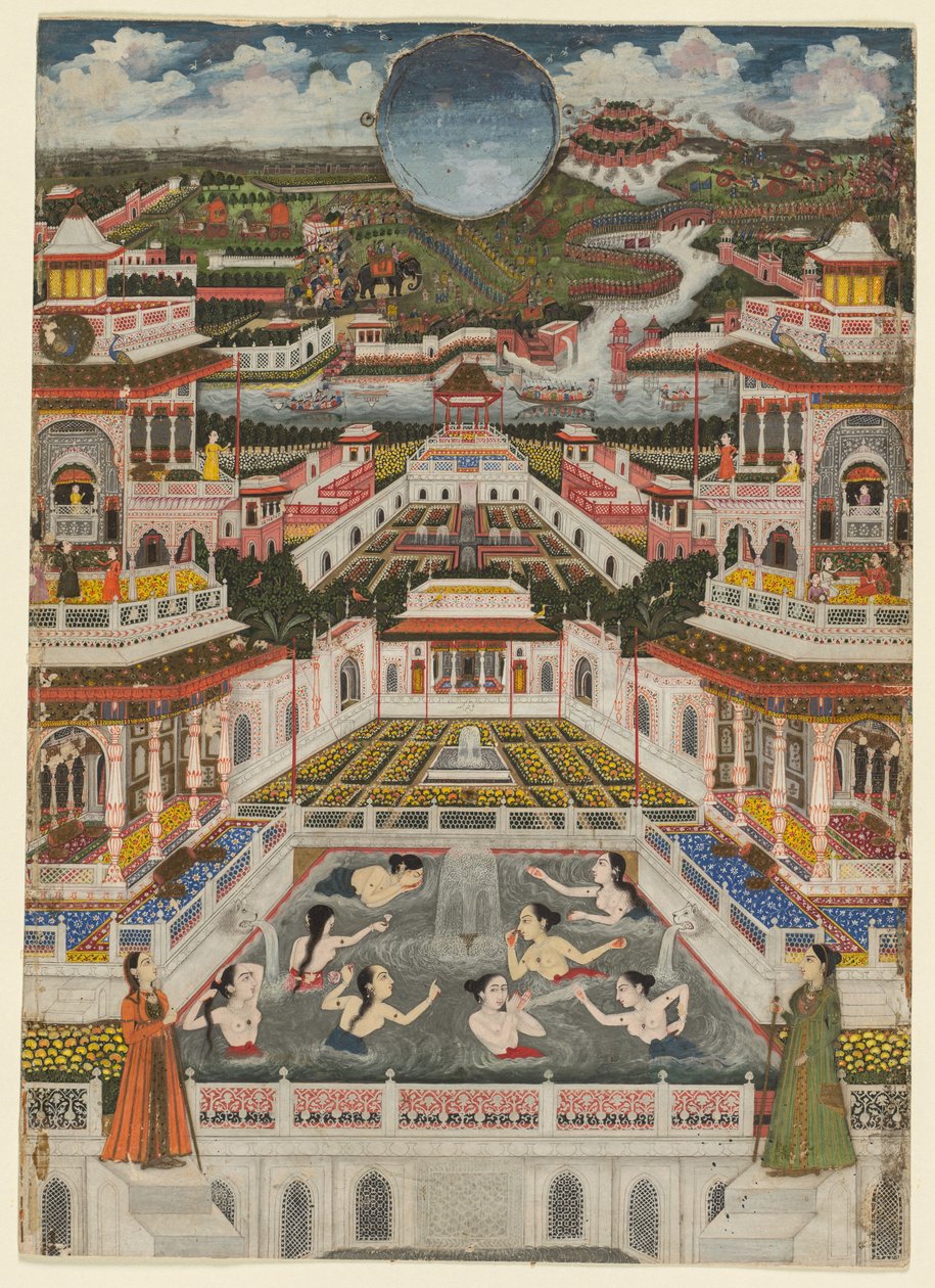 Badande kvinnor framför ett arkitektoniskt panorama, ca 1765 (täckande akvarell och guld på papper) av Fayzullah Fayzullah