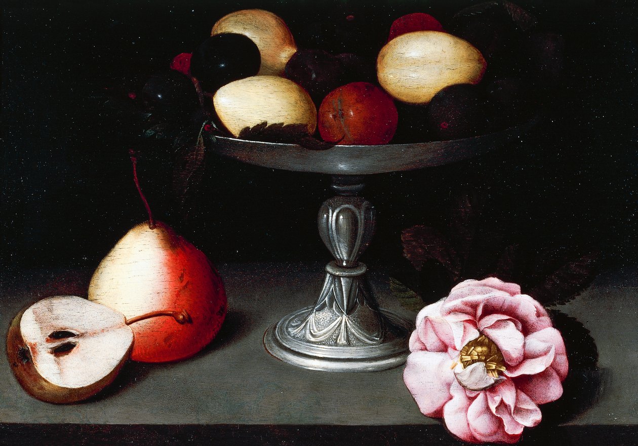 Stativ med plommon, päron och en ros, ca 1602, av Fede Galizia (1578-1630) av Fede Galizia