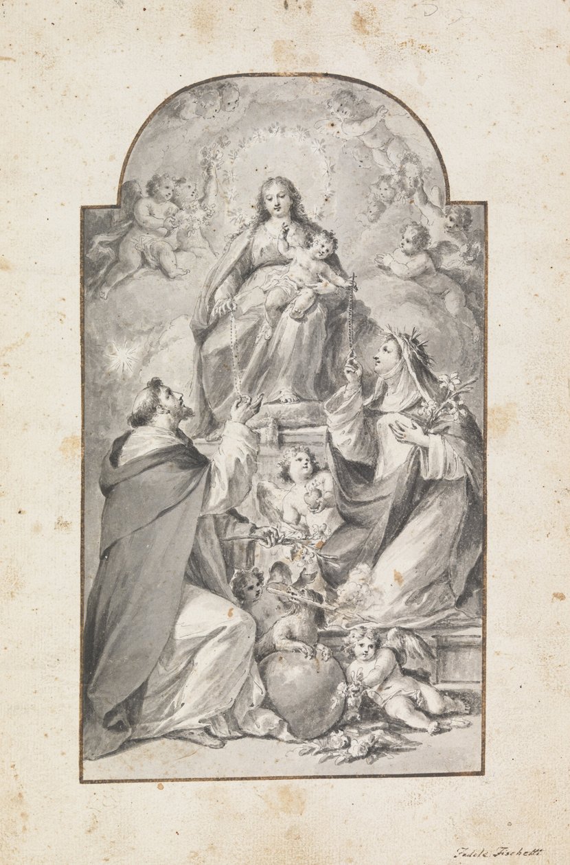 Design för en altarmålning- Saint Dominic och Saint Catherine of Siena Tar emot rosenkransen från ... av Fedele Fischetti