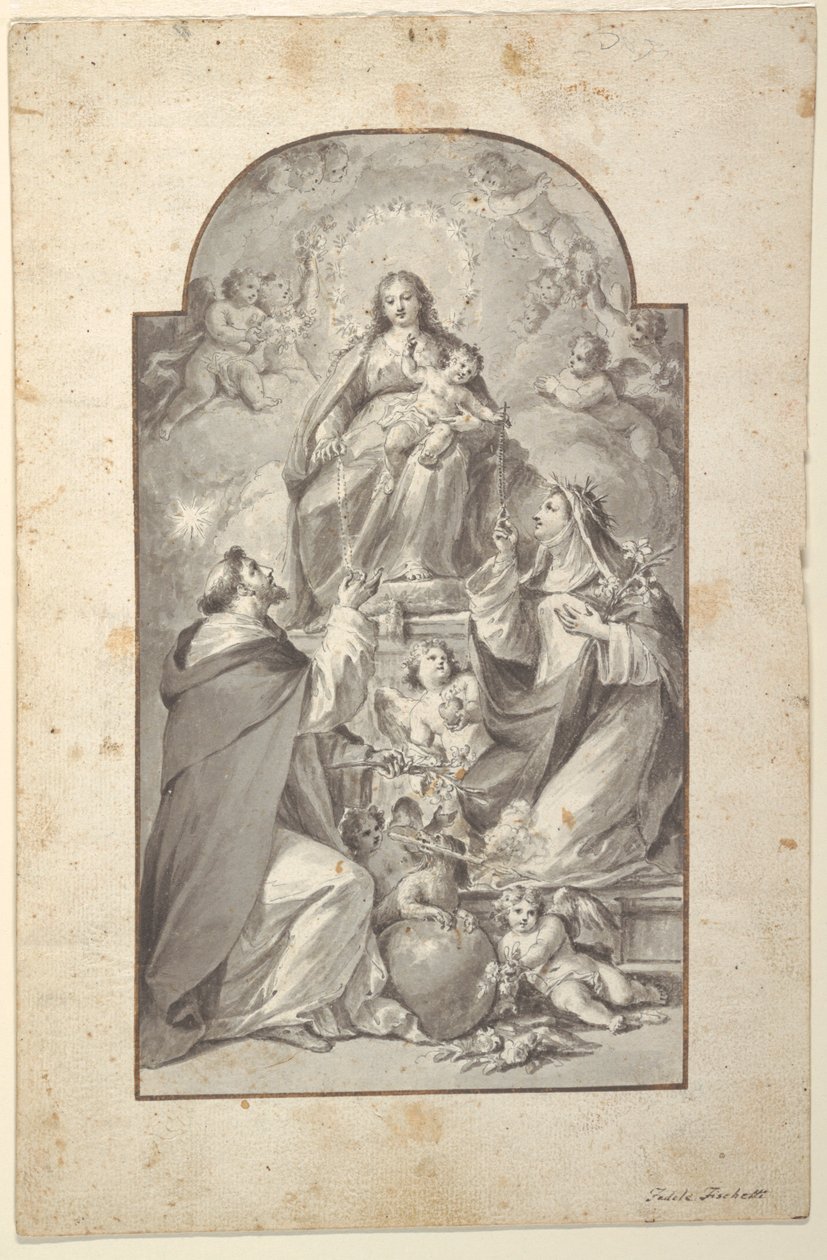Design för en altarmålning, Saint Dominic och Saint Catherine av Siena tar emot rosenkransen från jungfrun och barnet av Fedele Fischetti