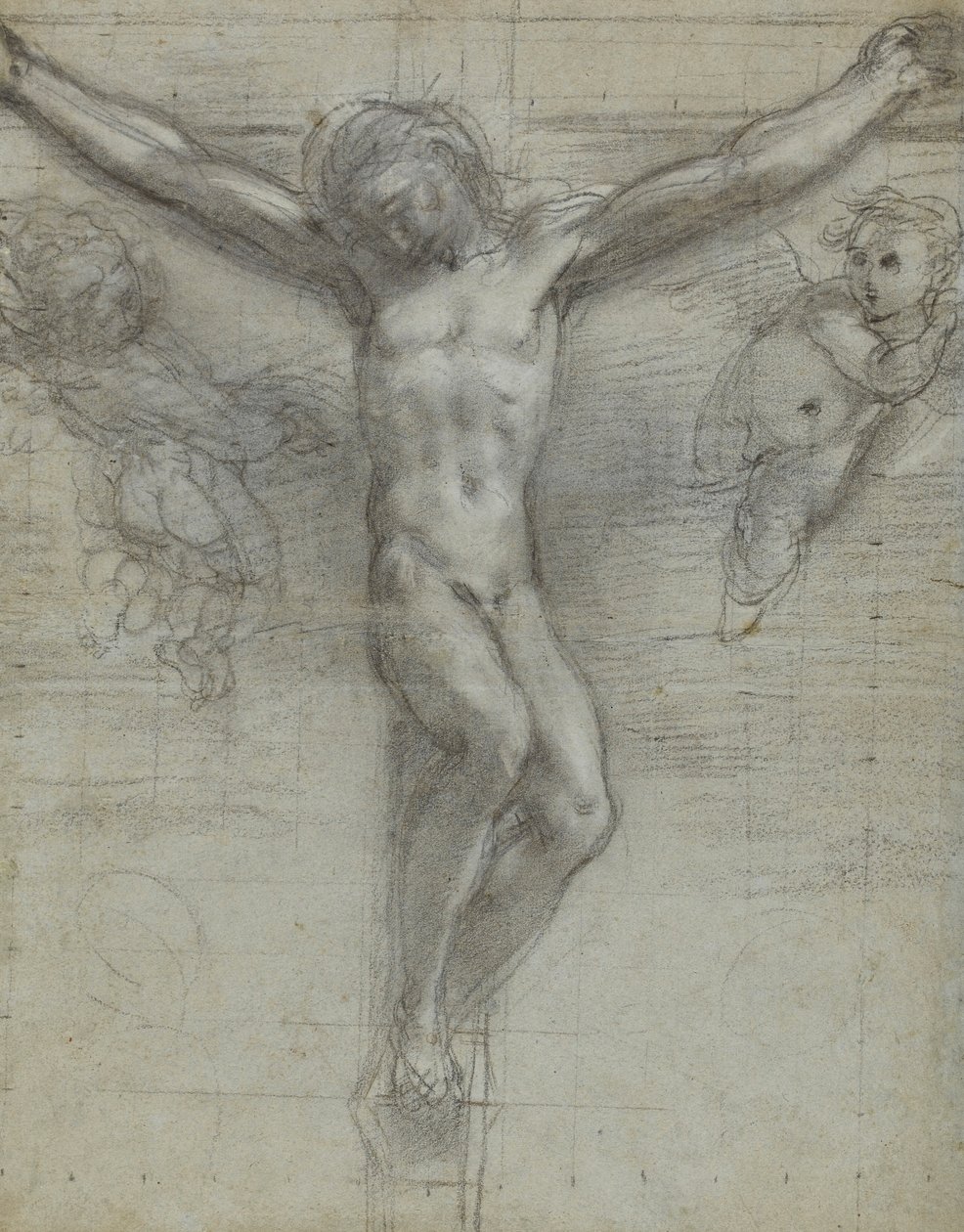 En studie av Kristus på korset med två änglar (svart krita, förstärkt med vitt på papper) av Federico Barocci