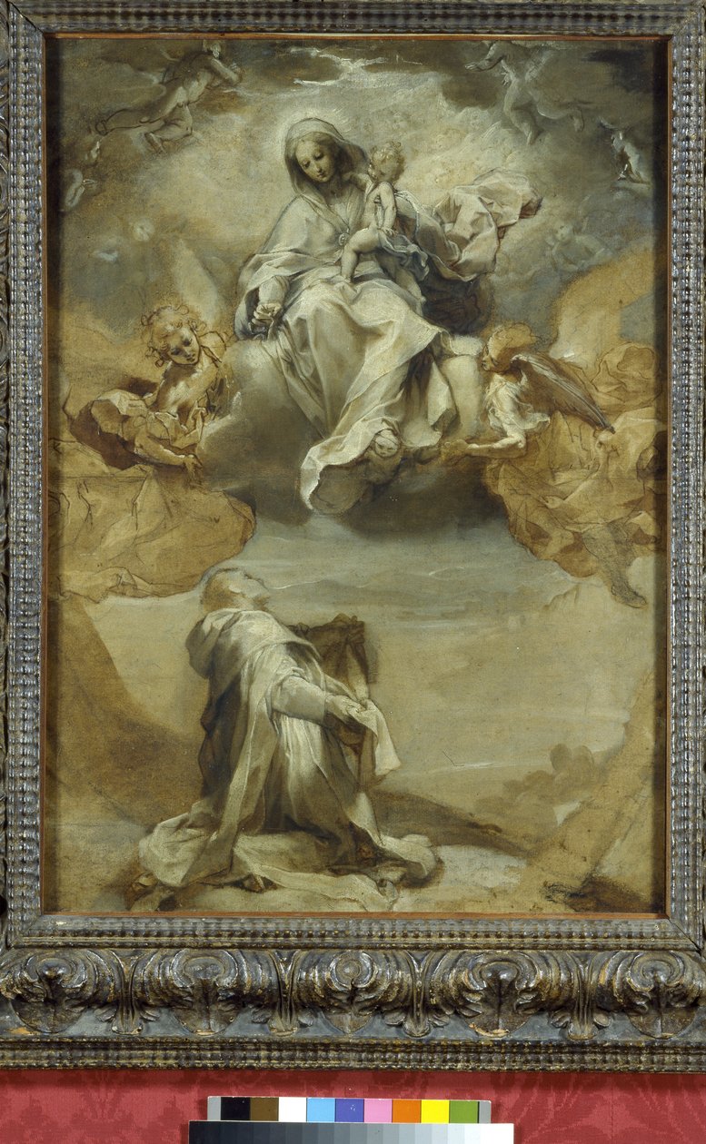 Den helige Dominikus tar emot rosenkransen, 1500-talet (mixed media på papper) av Federico Barocci