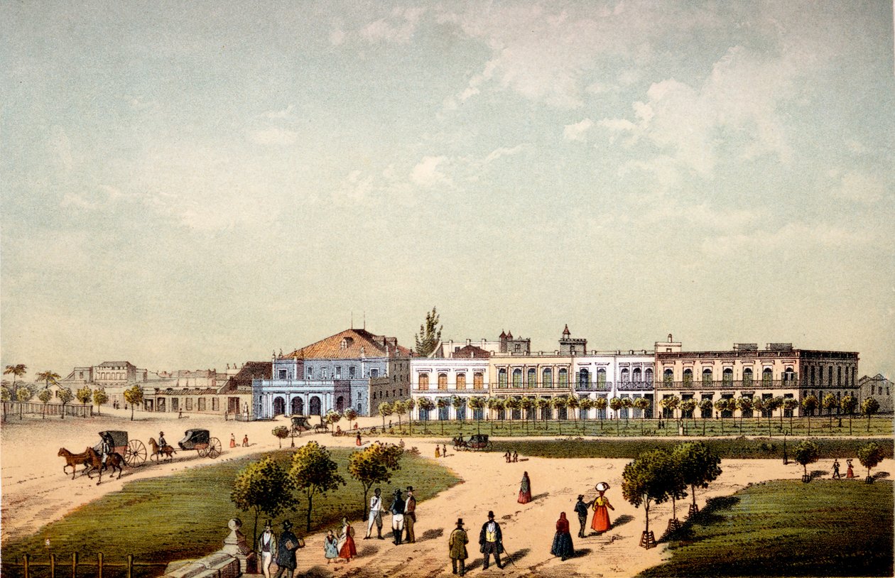 Teatro de Tacon och en del av Paseo de Isabel II, sett från porten till Monseratte, 1840 av Federico Mialhe